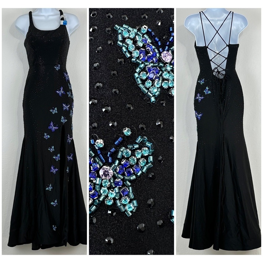 Y2K Fairy Hoco Maxi Dress Size 0 Butterfly Beaded Jeweled Evening Formal Gown